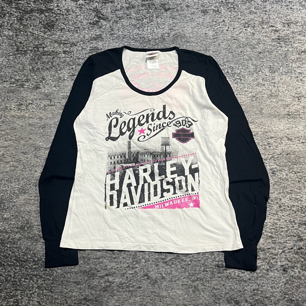 Harley Davidson‎ Shirt Long Sleeve Womens Medium White Black Biker Motorcycle